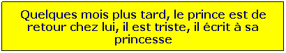 Zone de Texte: Quelques mois plus tard, le prince est de retour chez lui, il est triste, il crit  sa princesse
